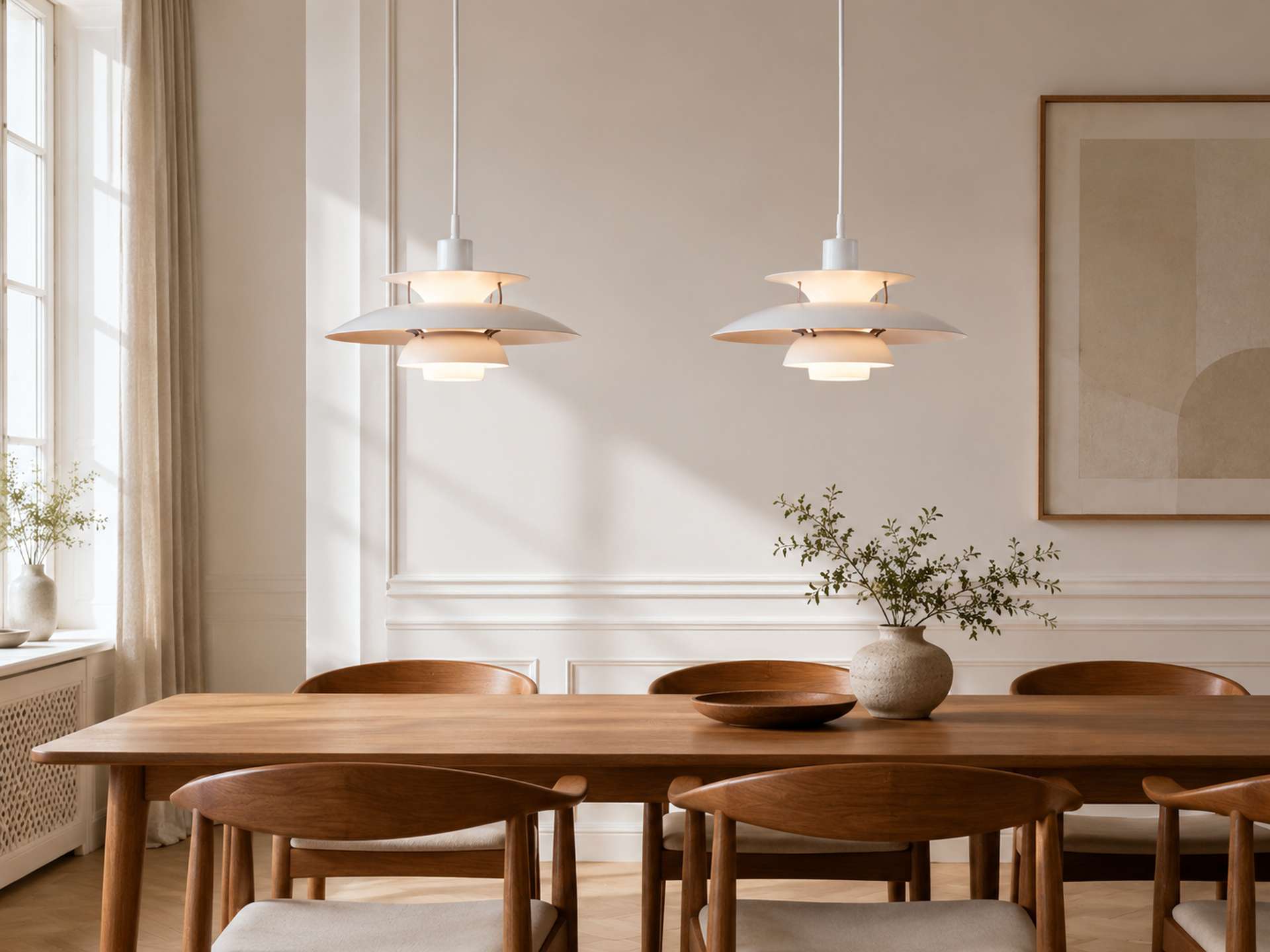 Hängeleuchten entdecken Moderne Designer-Hängeleuchte über einem stilvoll eingerichteten Esstisch