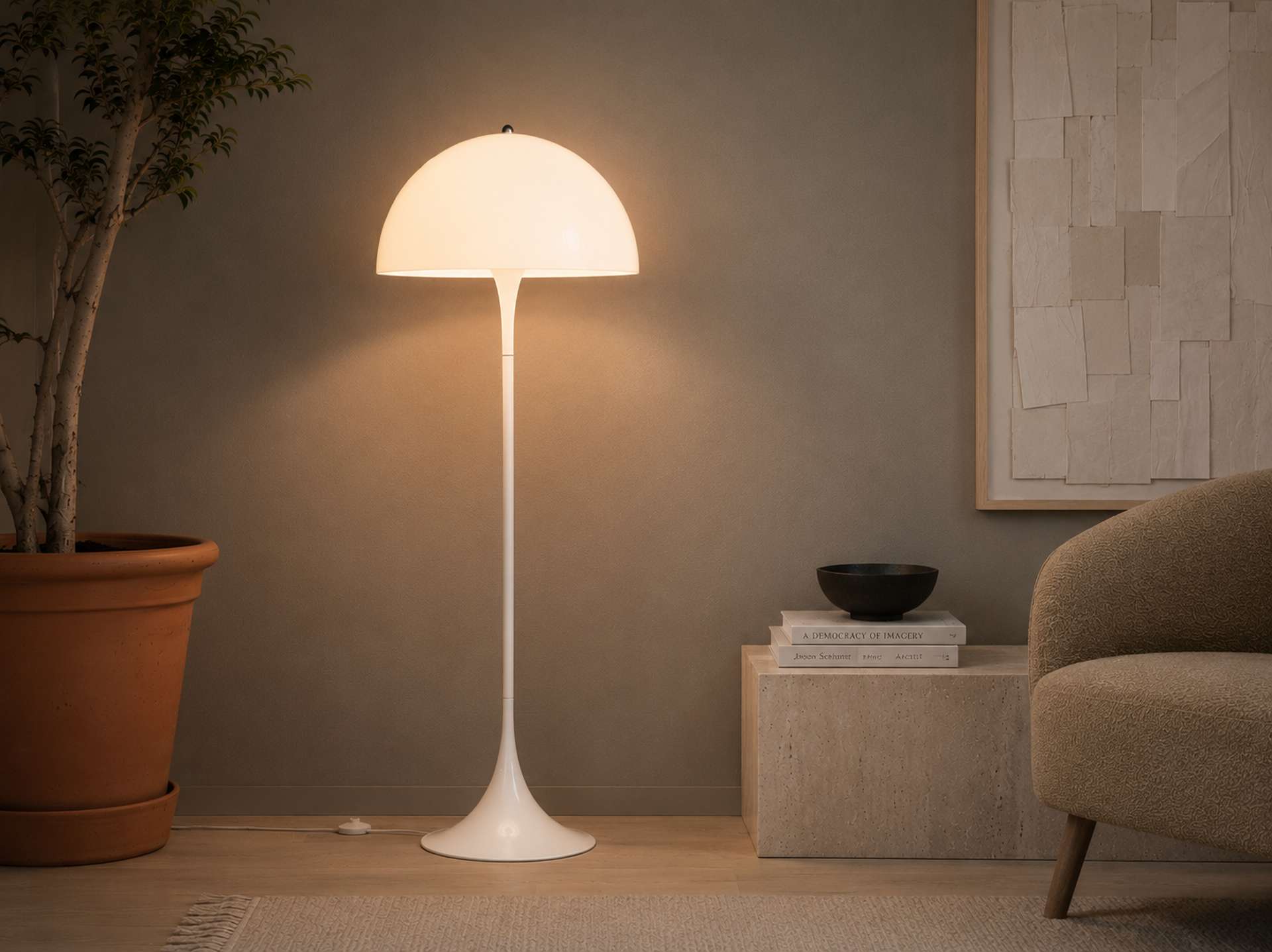 Stehlampen entdecken Designer-Stehlampe neben einem modernen Sessel im Wohnbereich