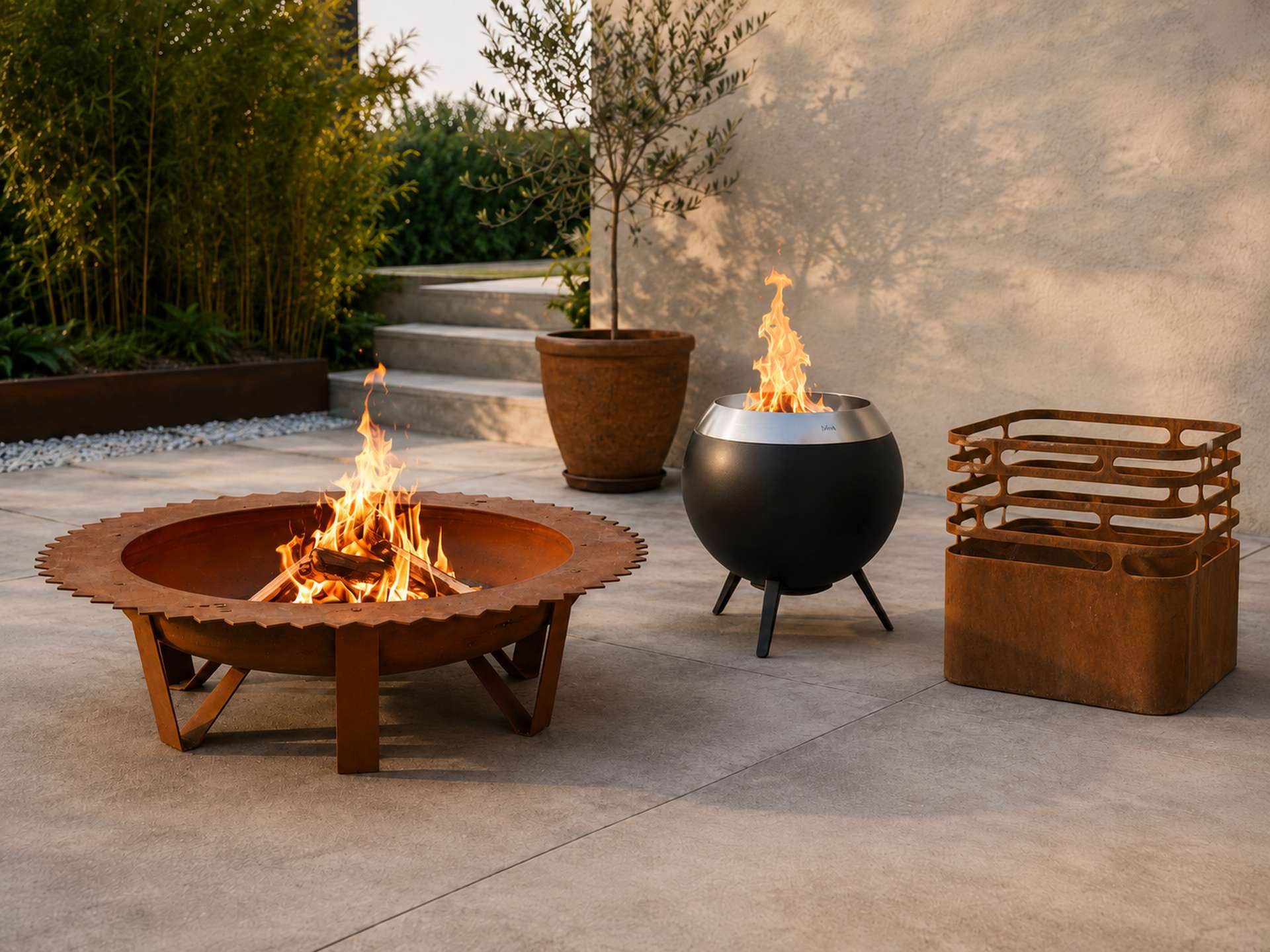 Design Feuerschale mit offenem Holzfeuer im Garten