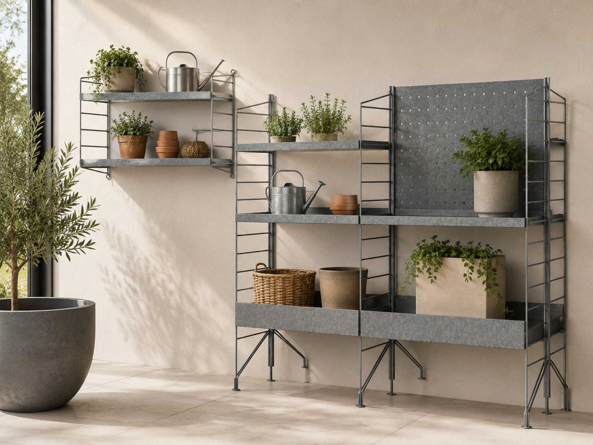 Outdoor Regale entdecken Wetterfestes Gartenregal aus Metall mit Pflanzen und Gartenutensilien