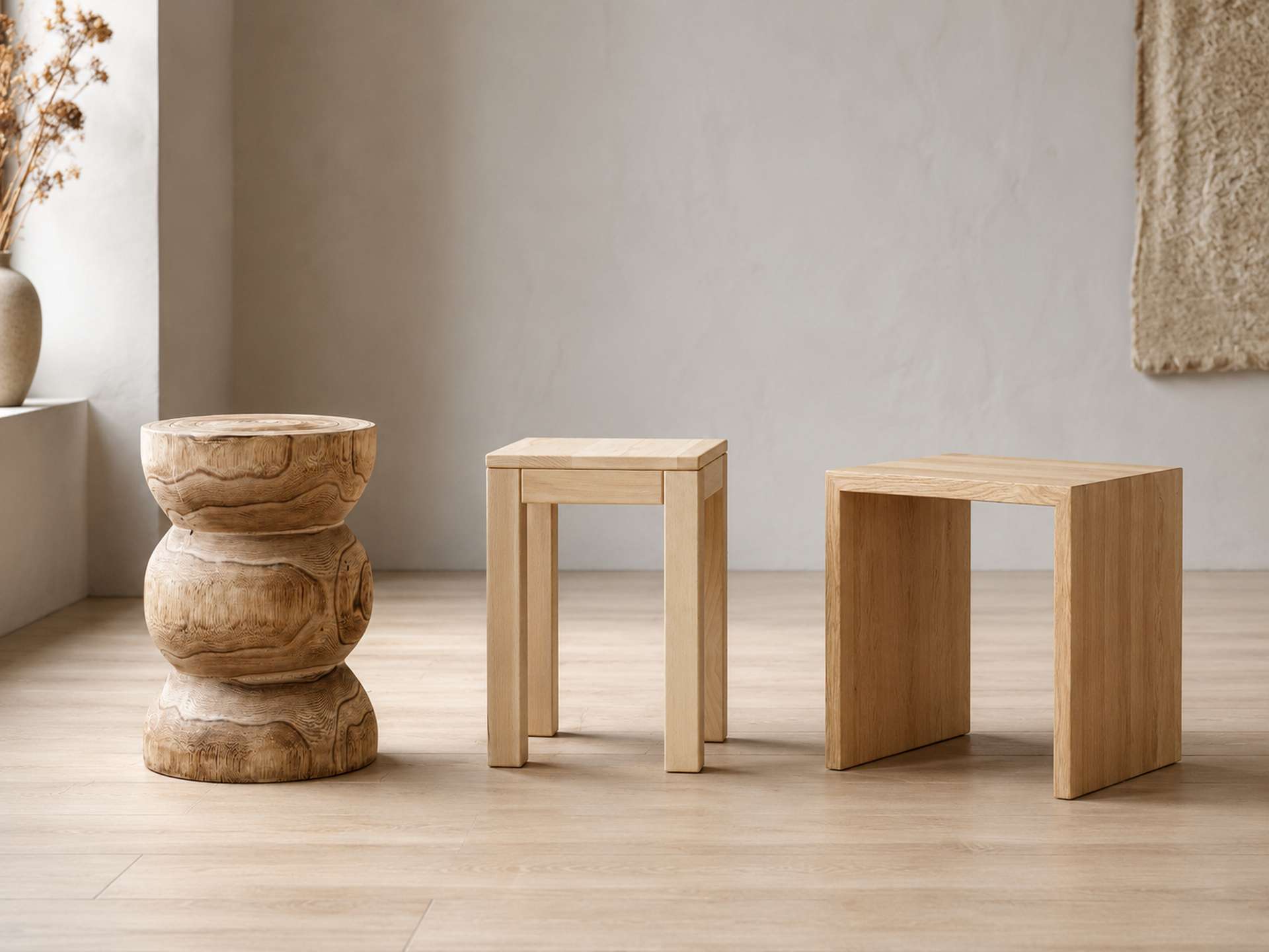 Design Holzhocker aus Massivholz, recyceltem Holz und weiteren Holzarten
