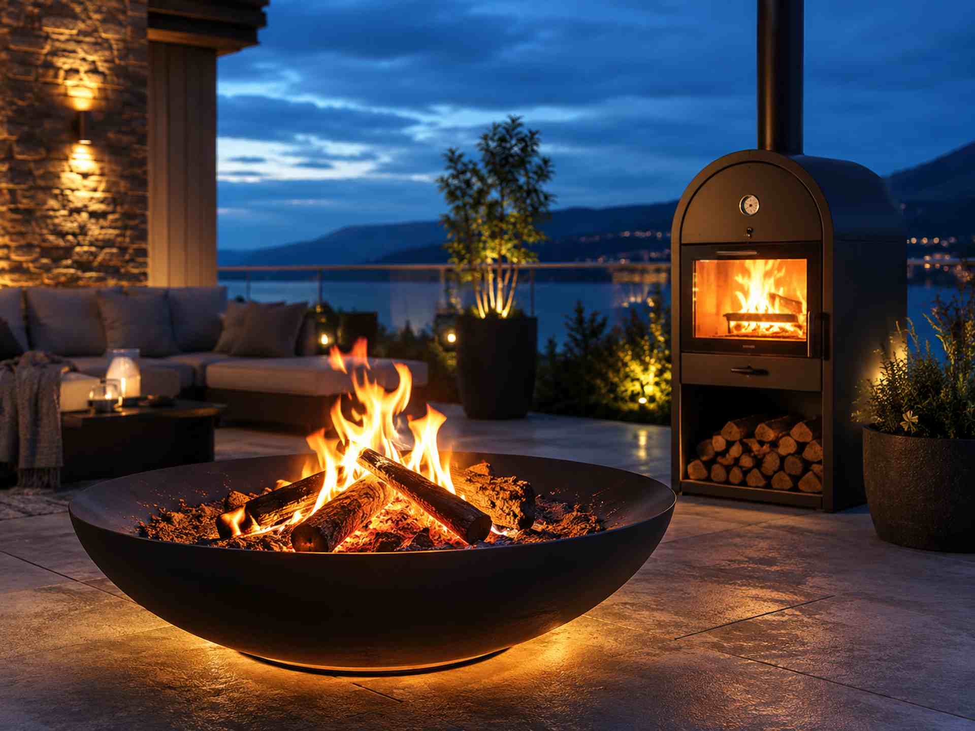 Feuerstellen & Terrassenöfen entdecken Feuerstelle und Terrassenofen auf einer stimmungsvollen Terrasse