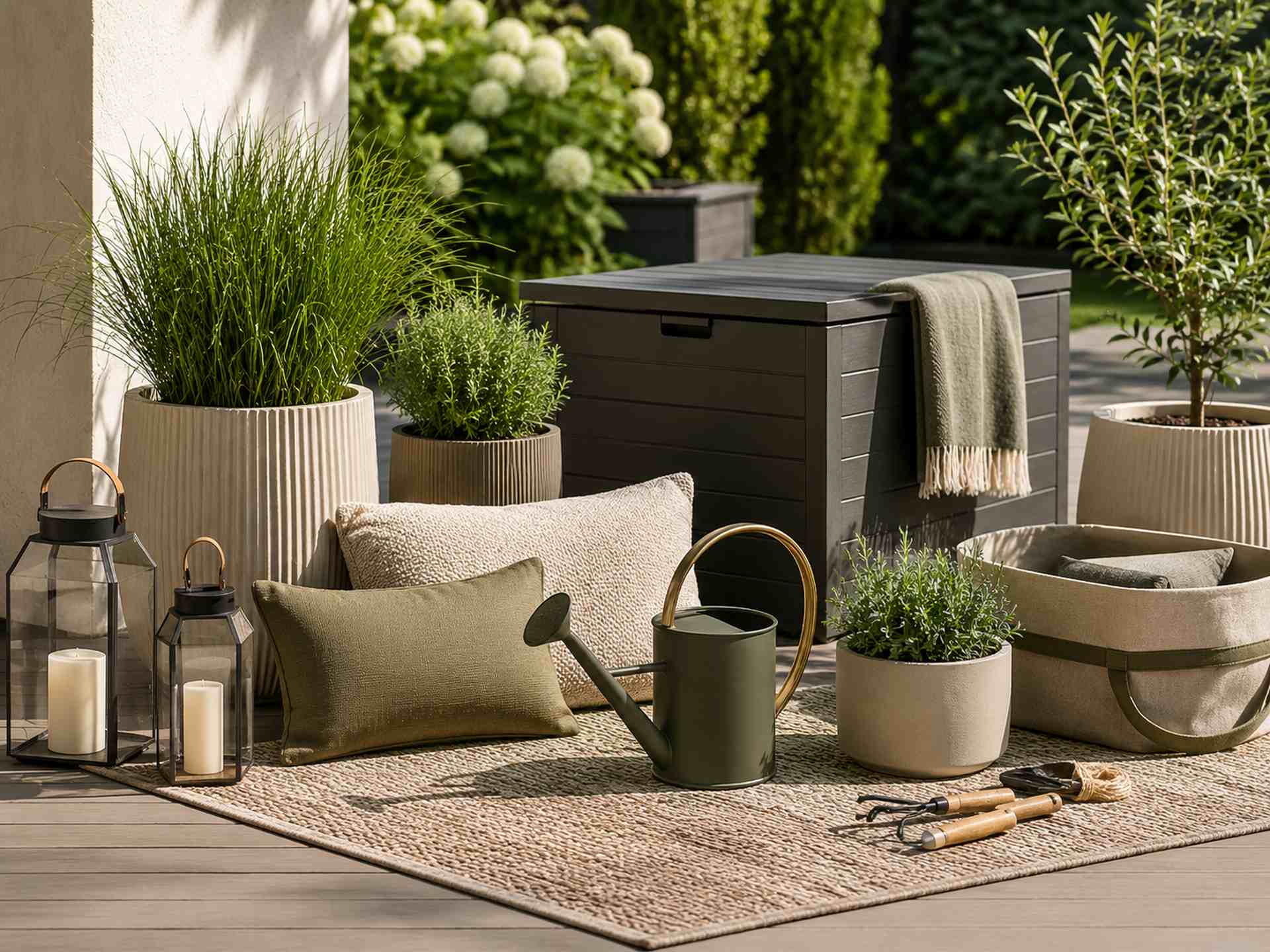 Gartenaccessoires entdecken Gartenaccessoires auf einer stilvoll dekorierten Terrasse