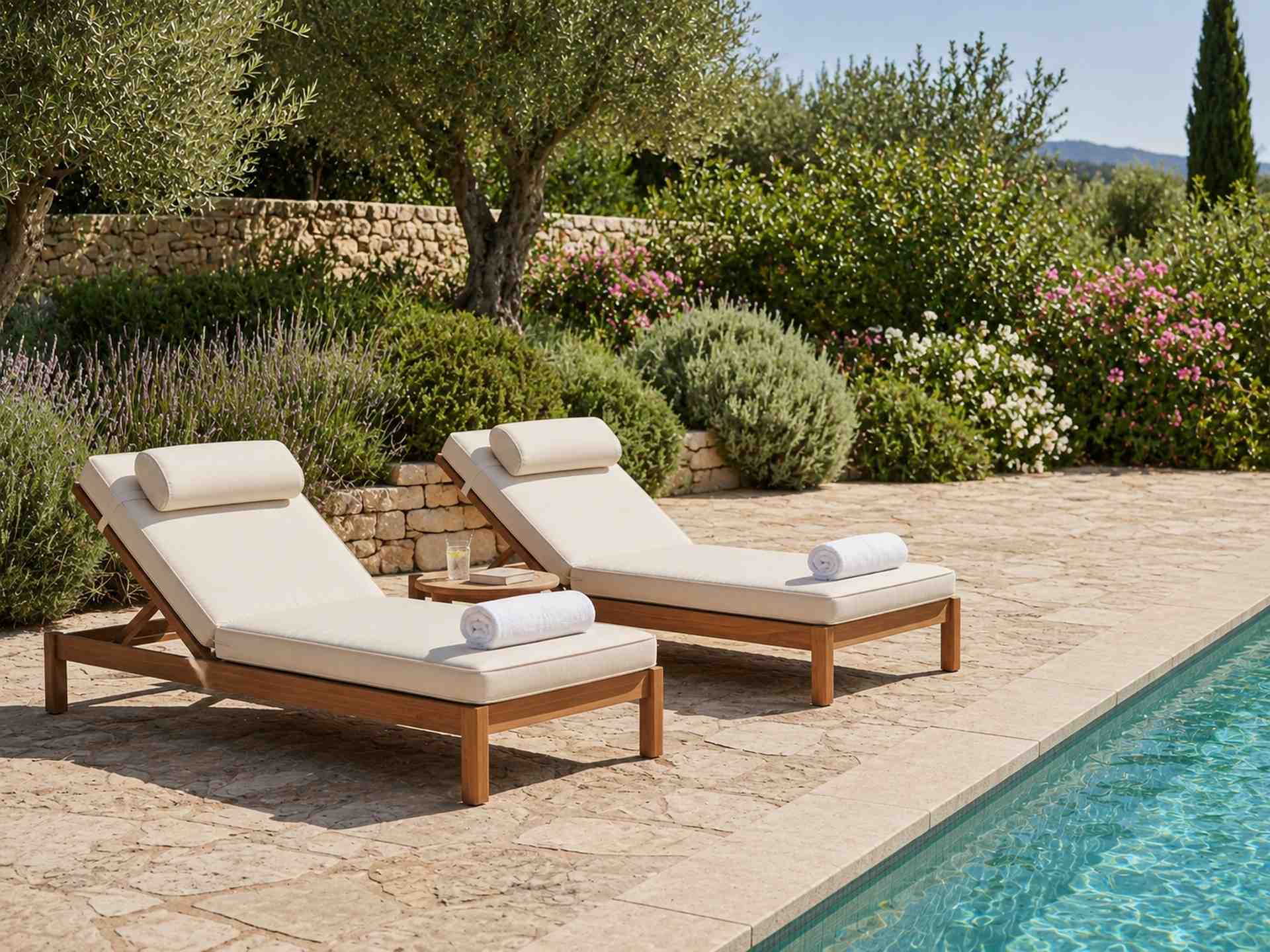 Gartenliegen entdecken Sonnenliegen auf einer sonnigen Poolterrasse