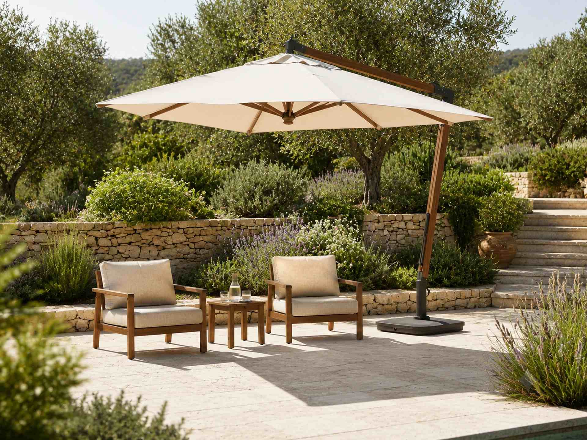 Sonnenschutz entdecken Sonnenschirm als Sonnenschutz auf einer stilvollen Terrasse