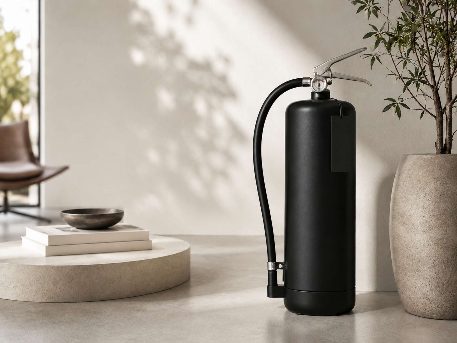 Designer Feuerlöscher entdecken Stilvoller Feuerlöscher in einem modernen Wohnraum