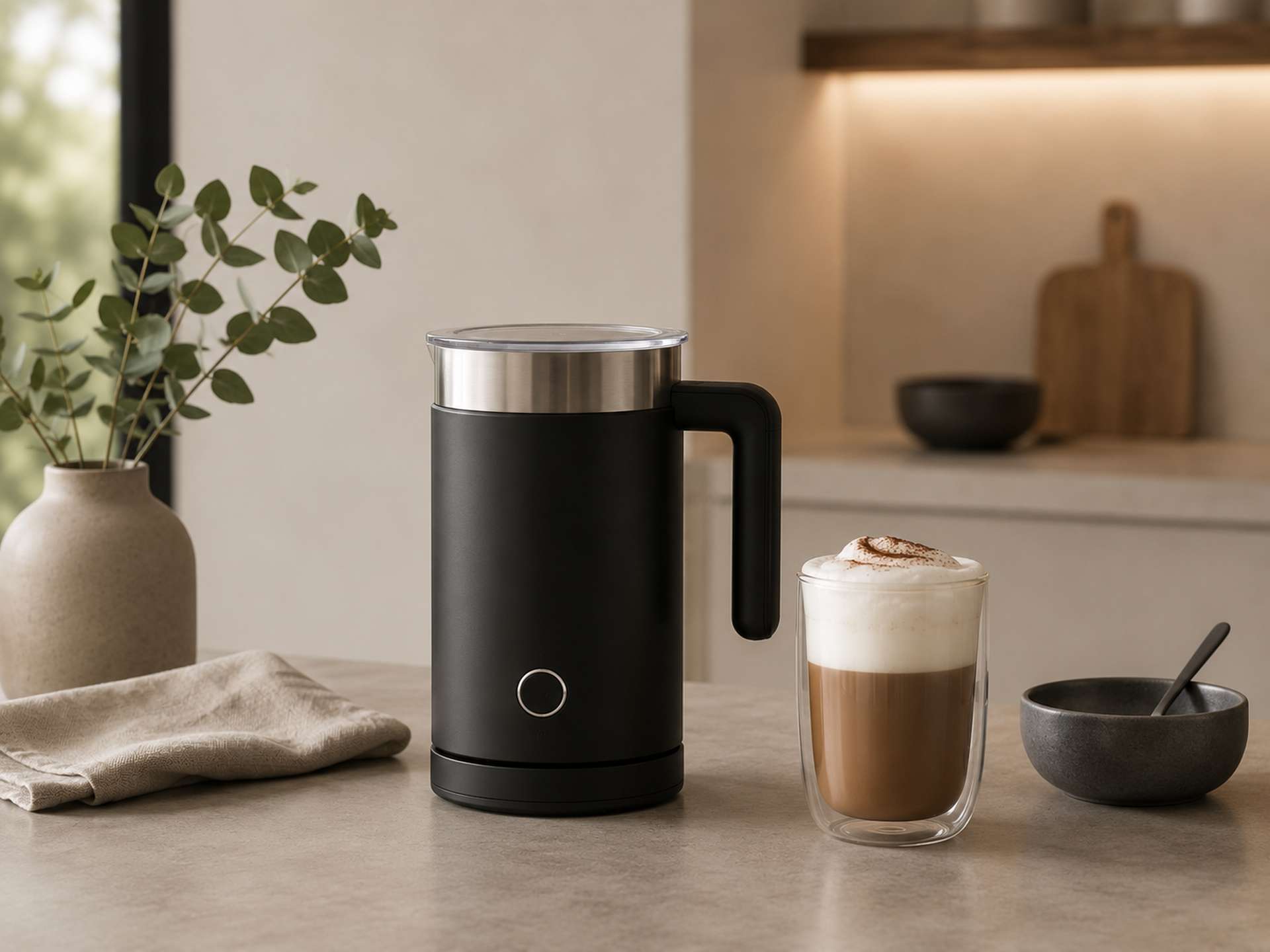 Milchaufschäumer entdecken Milchaufschäumer neben einem Kaffee in einer modernen Küche