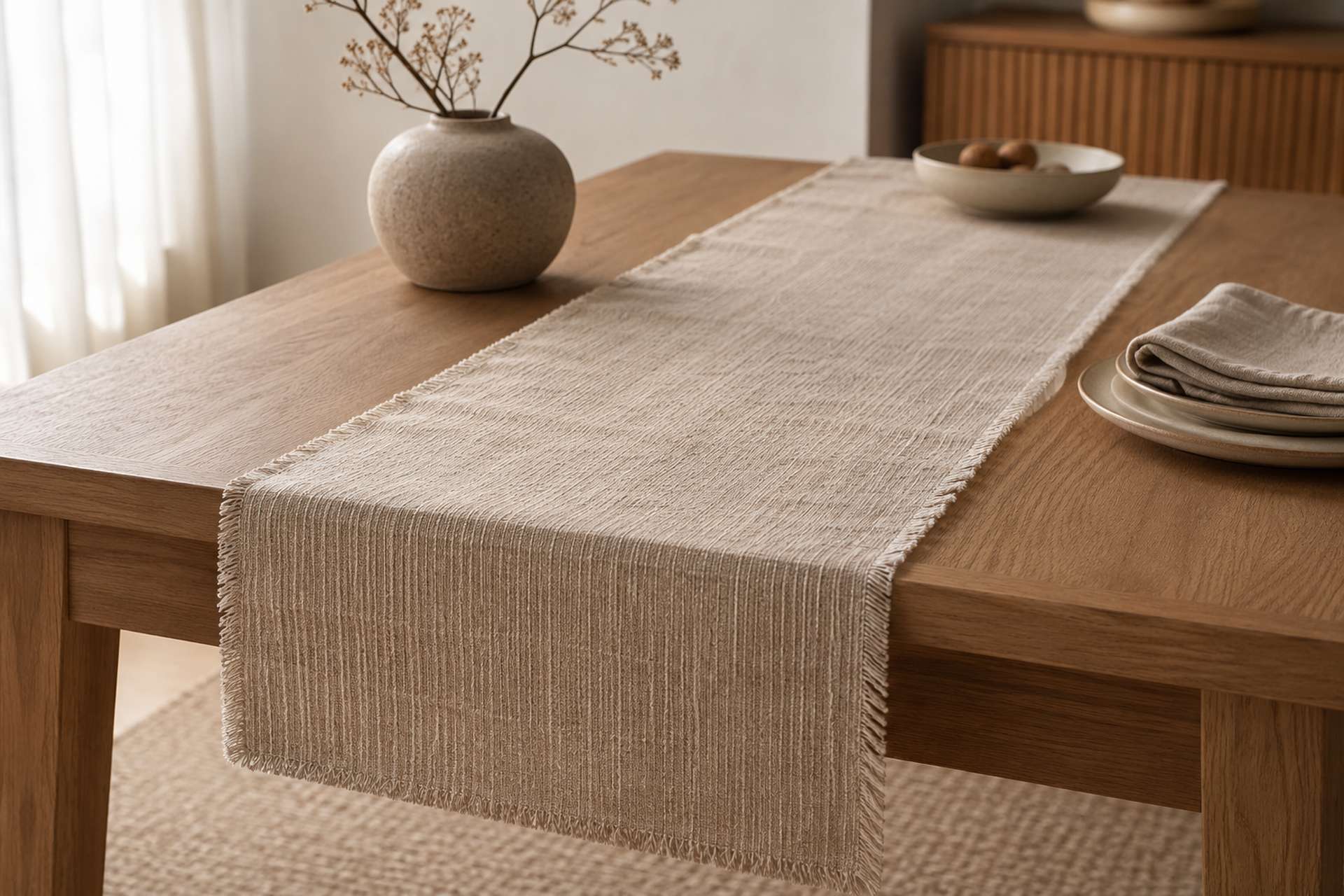 Tischläufer entdecken Tischläufer als dekoratives Wohntextil auf einem Holztisch