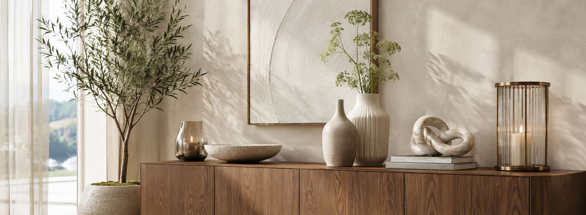Design Wohnaccessoires auf einer Holzkommode mit Vasen, Windlichtern und Pflanzgefäßen