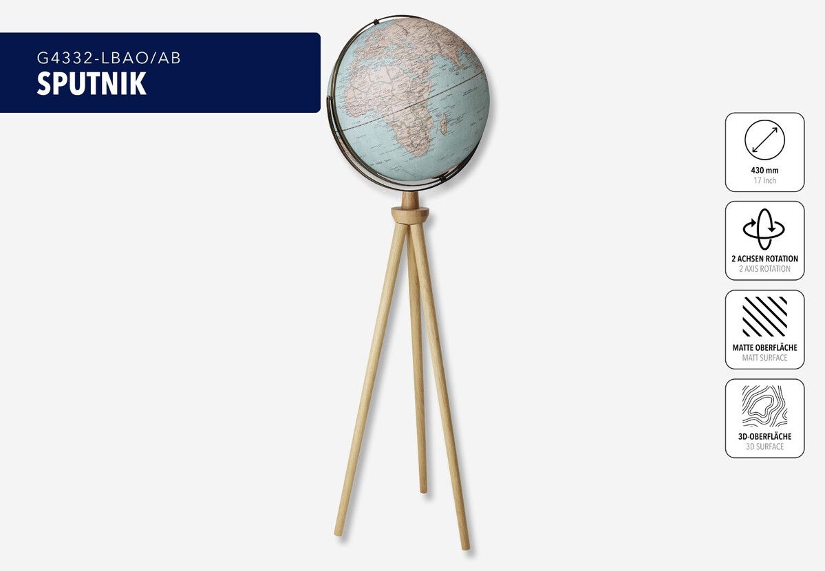 Standglobus „Sputnik“ – Exklusiver 43 cm Globus mit Holzfuß & zwei Achsen hellblau/beige Standglobus „Sputnik“ – Exklusiver 43 cm Globus mit Holzfuß & zwei Achsen hellblau/beige