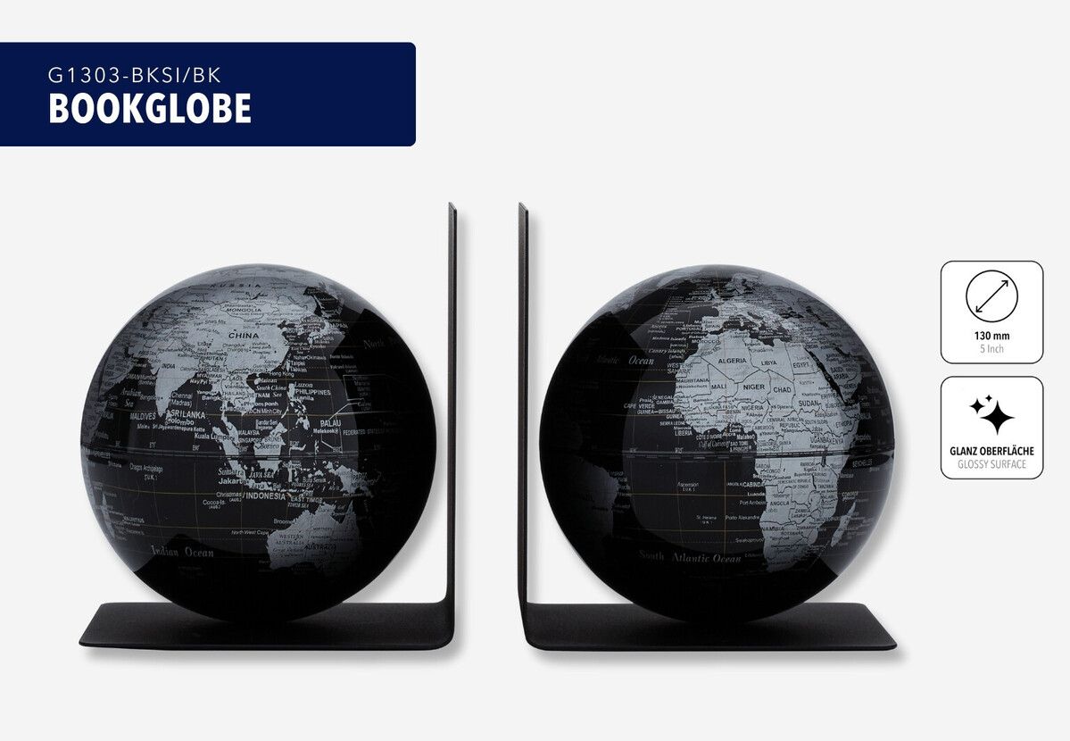 Buchstützen-Set „BookGlobe“ mit 2 magnetischen Globen schwarz/silber