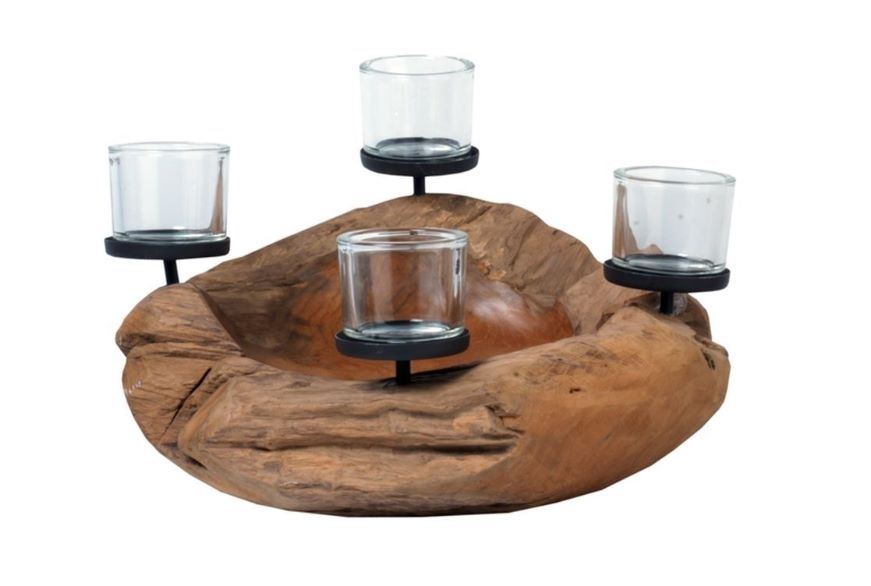 Schale und Kerzenhalter Teak unfinish 4 flg.