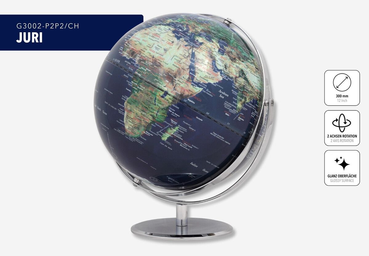 Moderner Tischglobus ‚Juri‘ – 30 cm, drehbar auf zwei Achsen grün/blau
