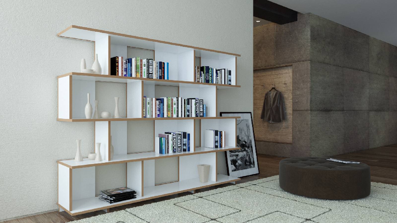 Holz Regal von Tojo in Weiß mit Dekoartikeln in einem Wohnzimmer