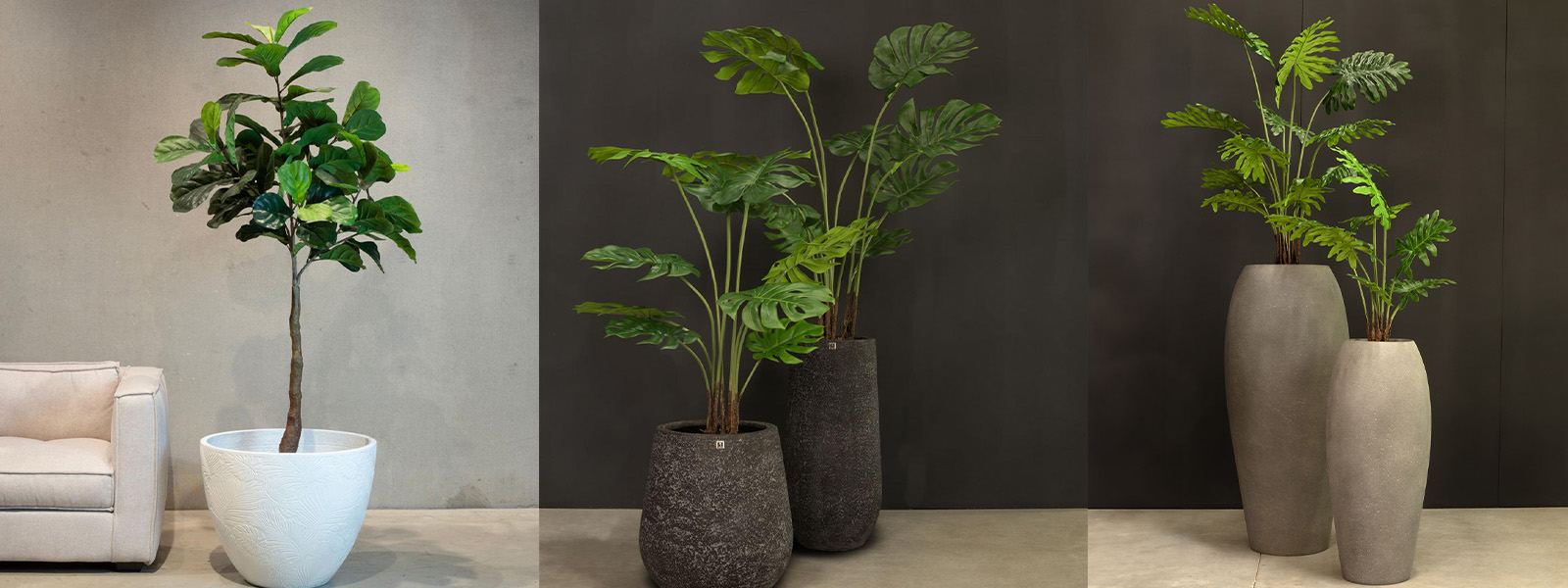 Drei Fleur Ami Kunstpflanzen Zusammenstellung dreier Fleur Ami Kunstpflanzen in mehreren Größen