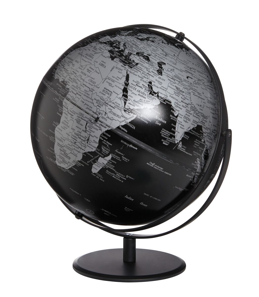 Moderner Tischglobus ‚Juri‘ – 30 cm, drehbar auf zwei Achsen schwarz/silber Moderner Tischglobus ‚Juri‘ – 30 cm, drehbar auf zwei Achsen schwarz/silber