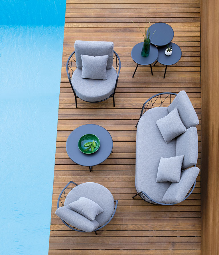 Draufsicht auf einige Vermobil Daisy Lounge Möbel neben einem Pool Draufsicht auf einige Vermobil Daisy Lounge Möbel neben einem Pool