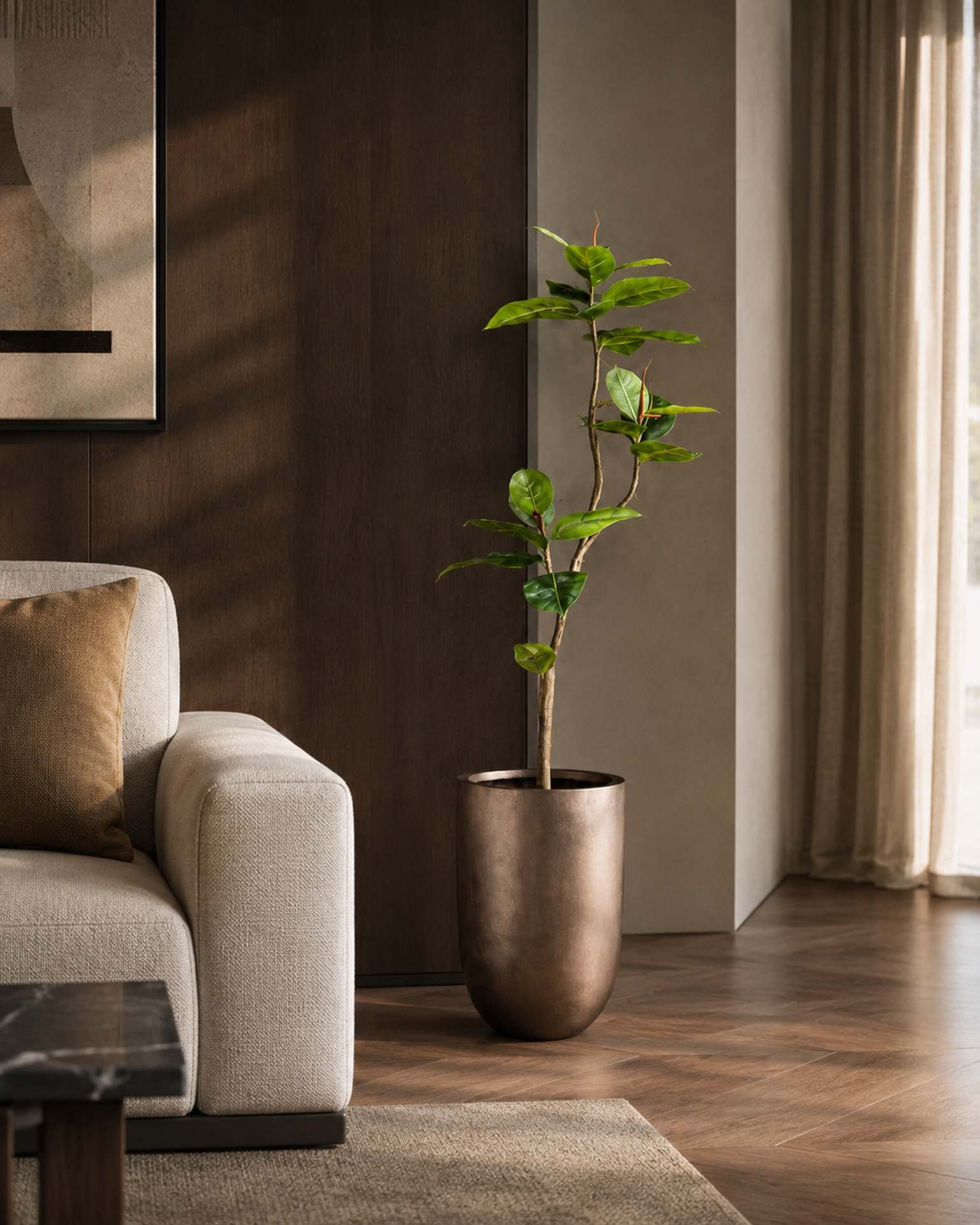 Kunstpflanze mit Topf Ficus Elastica 150 cm Royal Pflanzgefäß Champagner Rose