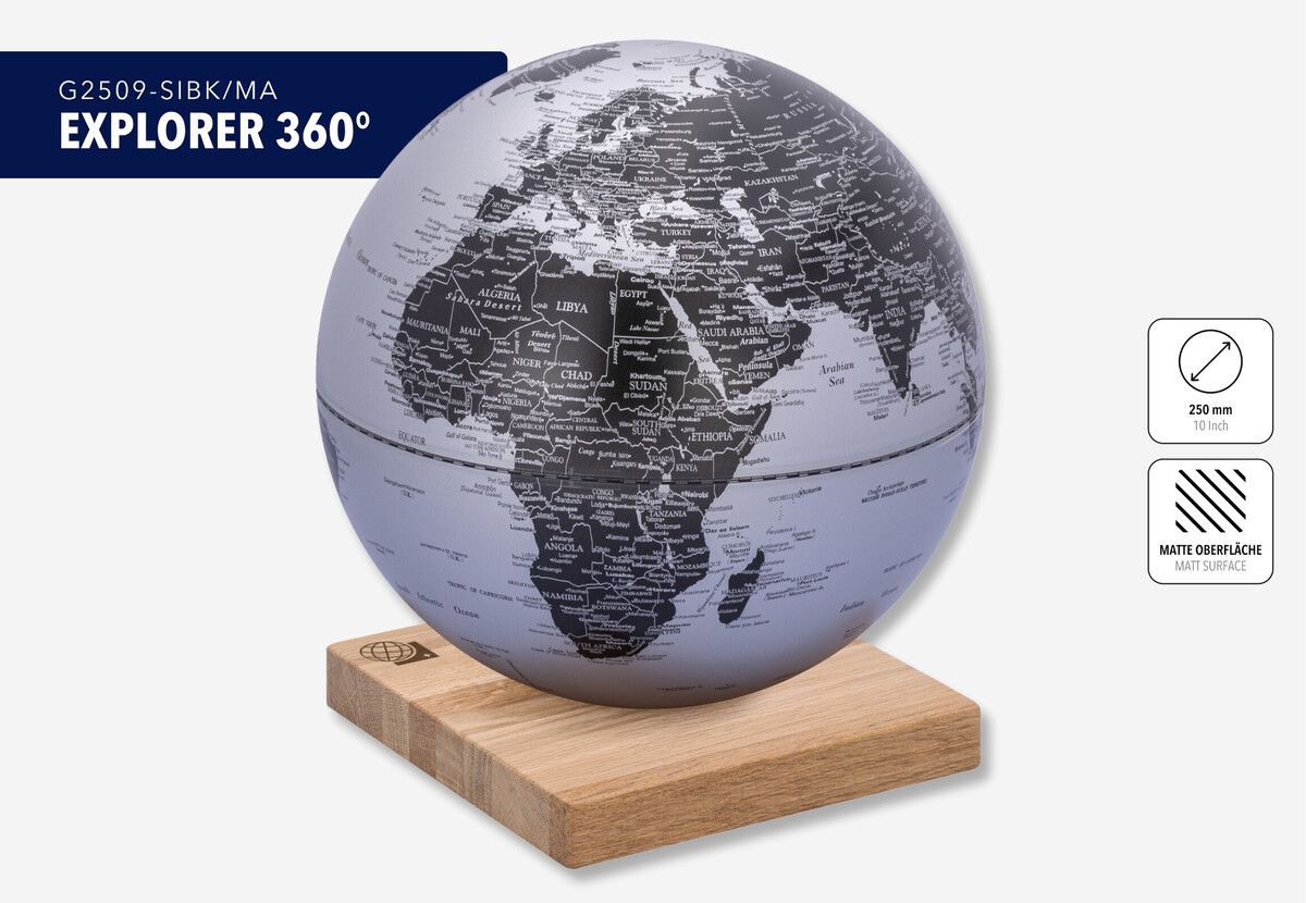 Design-Globus „Explorer 360°“ – 25 cm Globus mit Holzfuß aus Eiche silber/schwarz Design-Globus „Explorer 360°“ – 25 cm Globus mit Holzfuß aus Eiche silber/schwarz