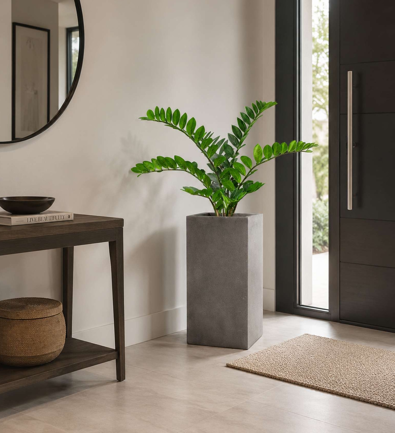 Kunstpflanze mit Topf Glücksfeder 100 cm mit Polystone Pflanzsäule Creme