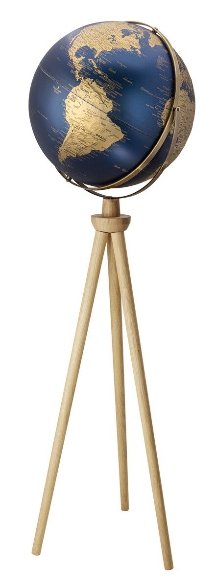 Standglobus „Sputnik“ – Exklusiver 43 cm Globus mit Holzfuß & zwei Achsen gold/dunkelblau