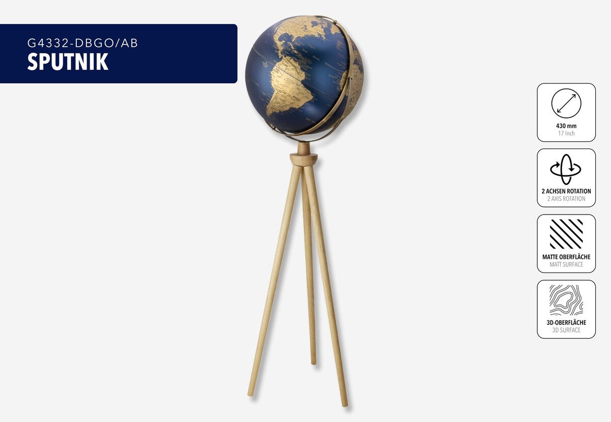 Standglobus „Sputnik“ – Exklusiver 43 cm Globus mit Holzfuß & zwei Achsen gold/dunkelblau