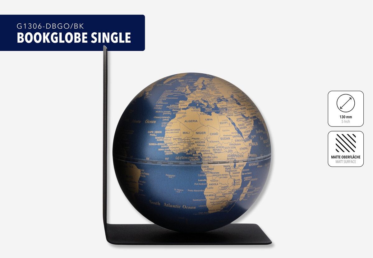 Buchstütze mit Globus „BookGlobe Single“ – Magnetisch, 13 cm, edles Design gold/dunkelblau Buchstütze mit Globus „BookGlobe Single“ – Magnetisch, 13 cm, edles Design gold/dunkelblau