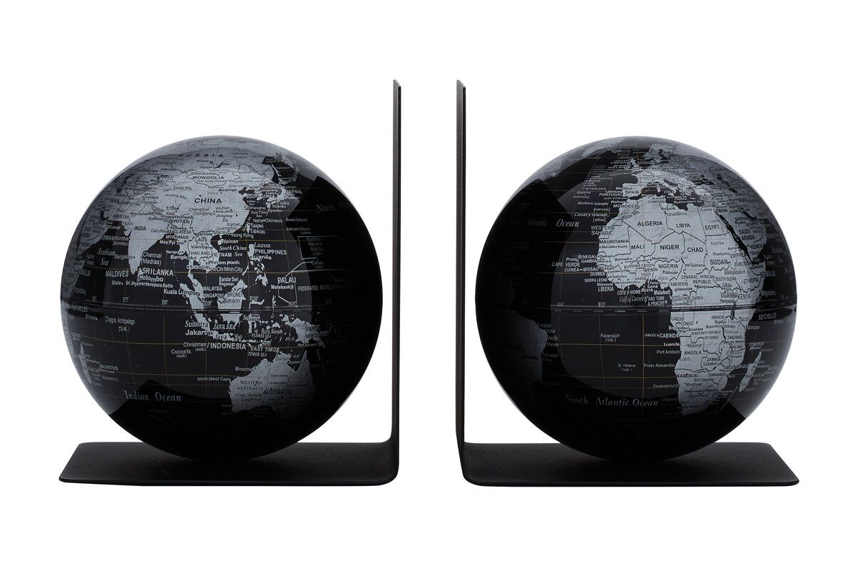 Buchstützen-Set „BookGlobe“ mit 2 magnetischen Globen schwarz/silber