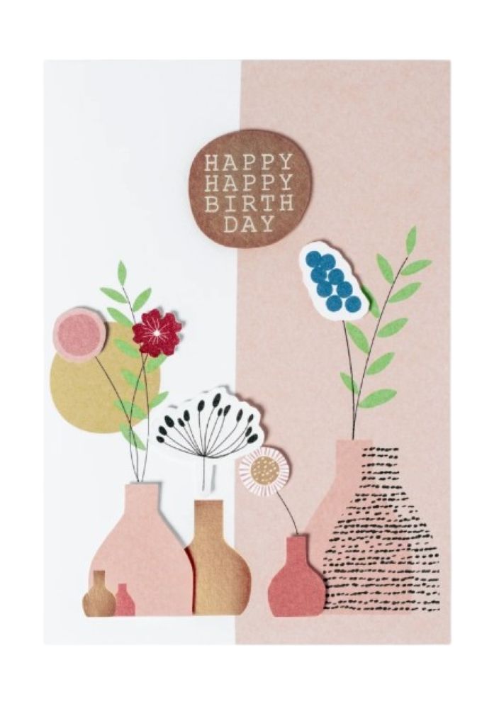 Farbfreudekarte „Happy Birthday“ – Geburtstagskarte mit Blumenvasen-Motiv