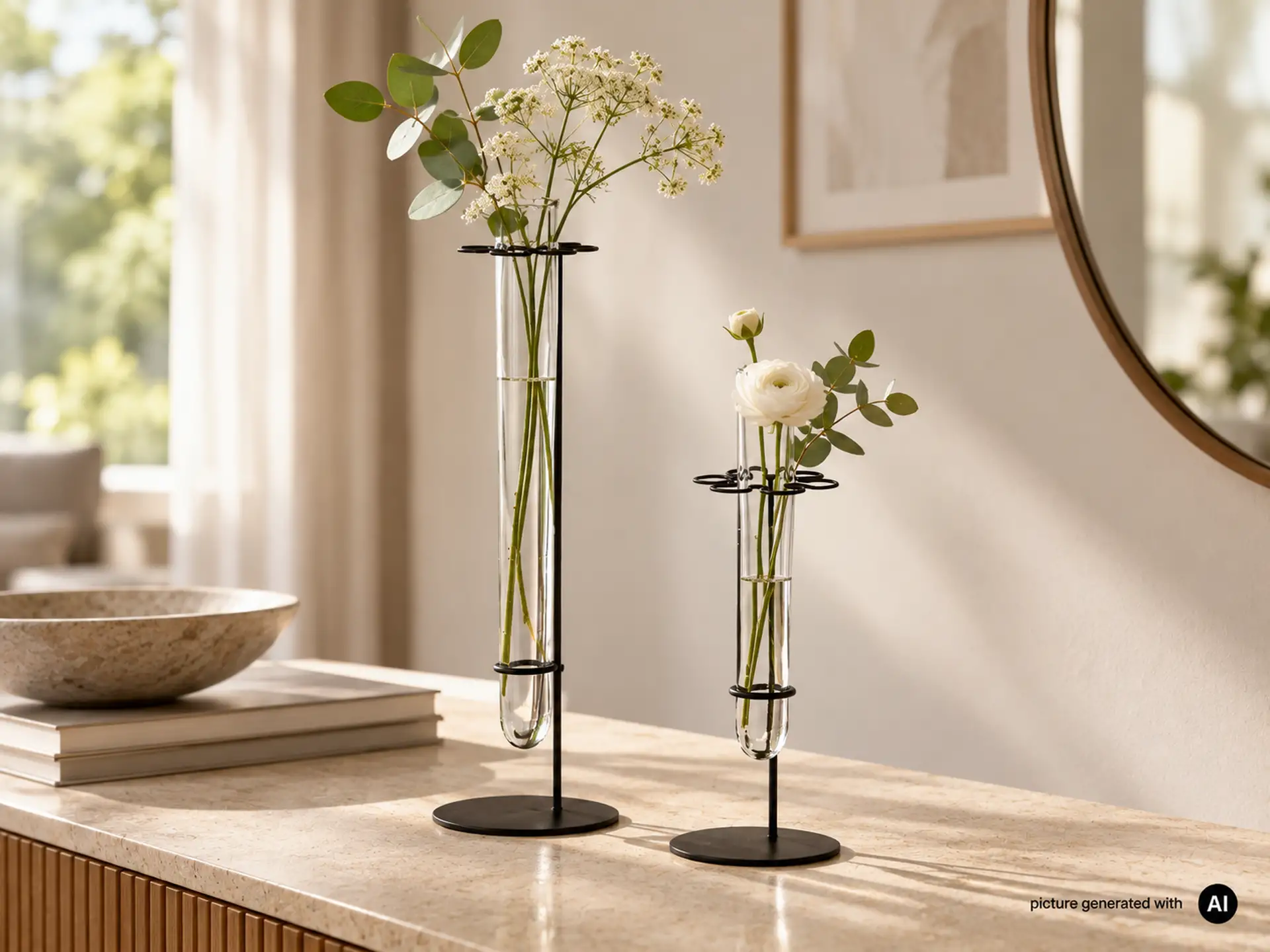 Lange Glasvase mit Metallständer VIOLETTE Höhe 30 cm