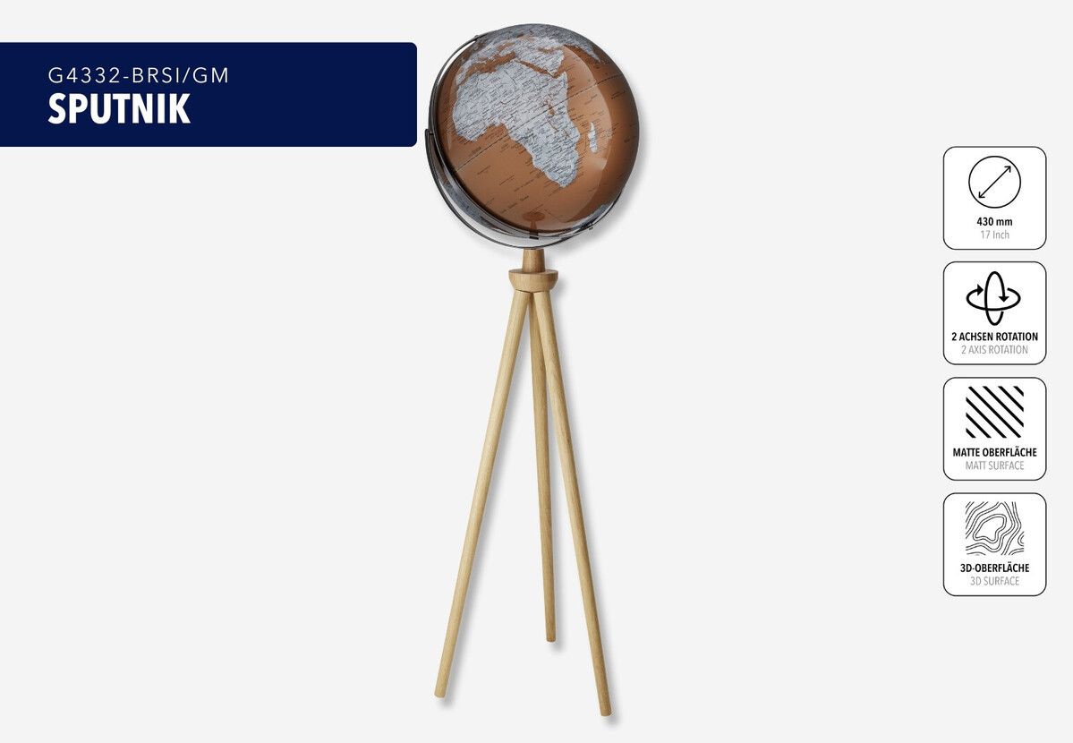 Standglobus „Sputnik“ – Exklusiver 43 cm Globus mit Holzfuß & zwei Achsen braun/silber