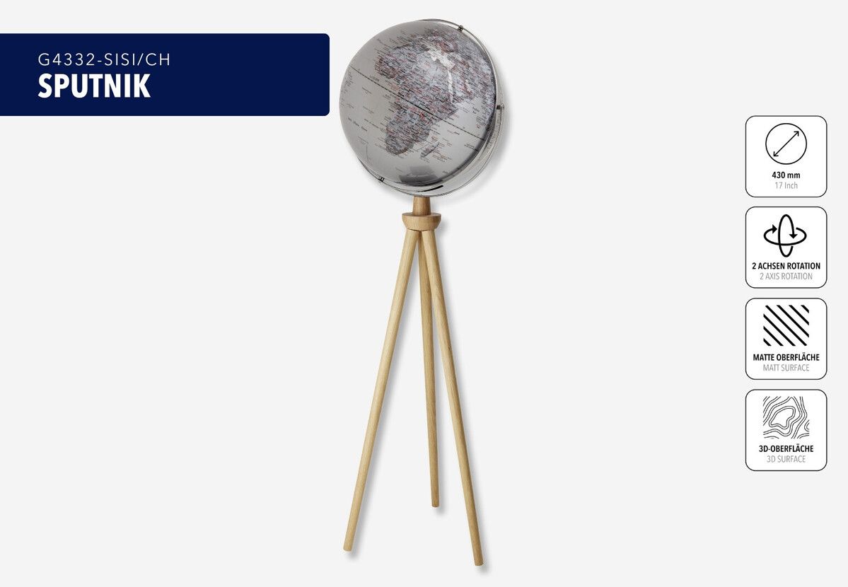 Standglobus „Sputnik“ – Exklusiver 43 cm Globus mit Holzfuß & zwei Achsen silber Standglobus „Sputnik“ – Exklusiver 43 cm Globus mit Holzfuß & zwei Achsen silber