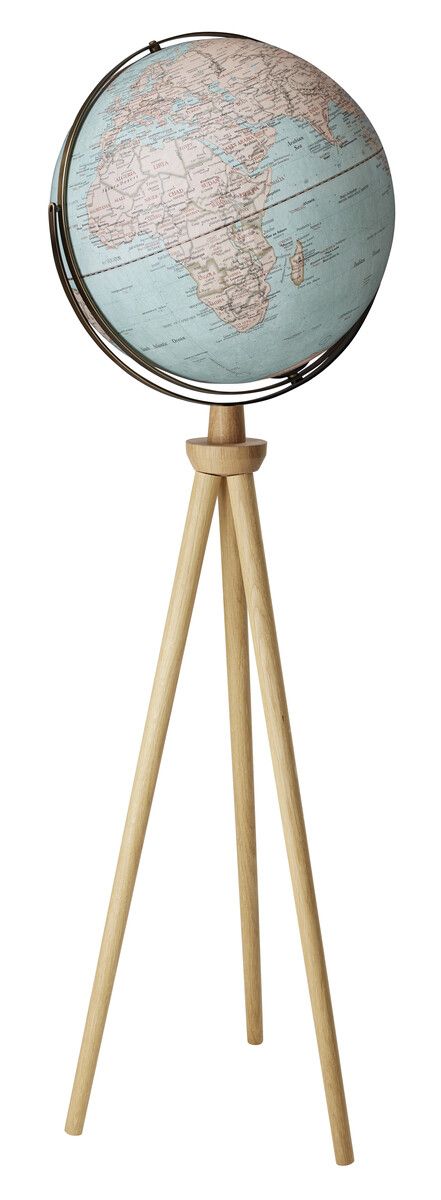 Standglobus „Sputnik“ – Exklusiver 43 cm Globus mit Holzfuß & zwei Achsen hellblau/beige Standglobus „Sputnik“ – Exklusiver 43 cm Globus mit Holzfuß & zwei Achsen hellblau/beige