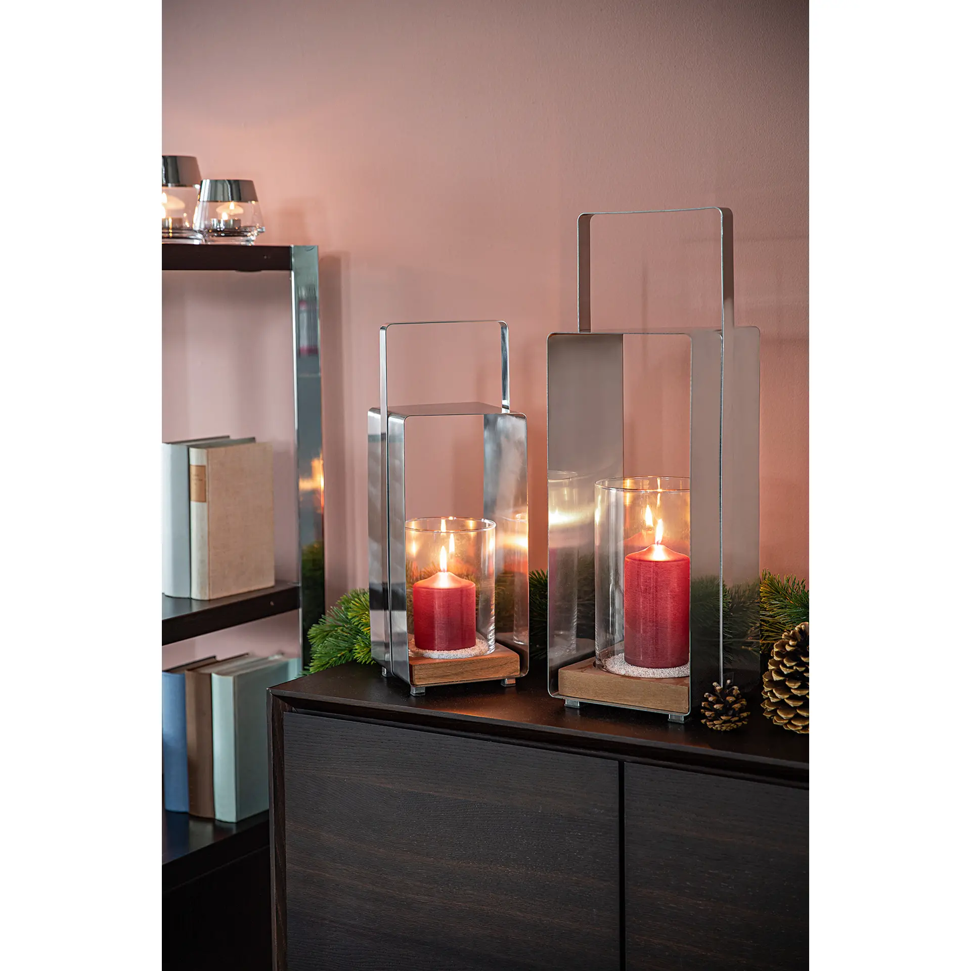 MAGNUS edle Laterne aus Edelstahl und Teak 46 cm Mit LED Zylinder
