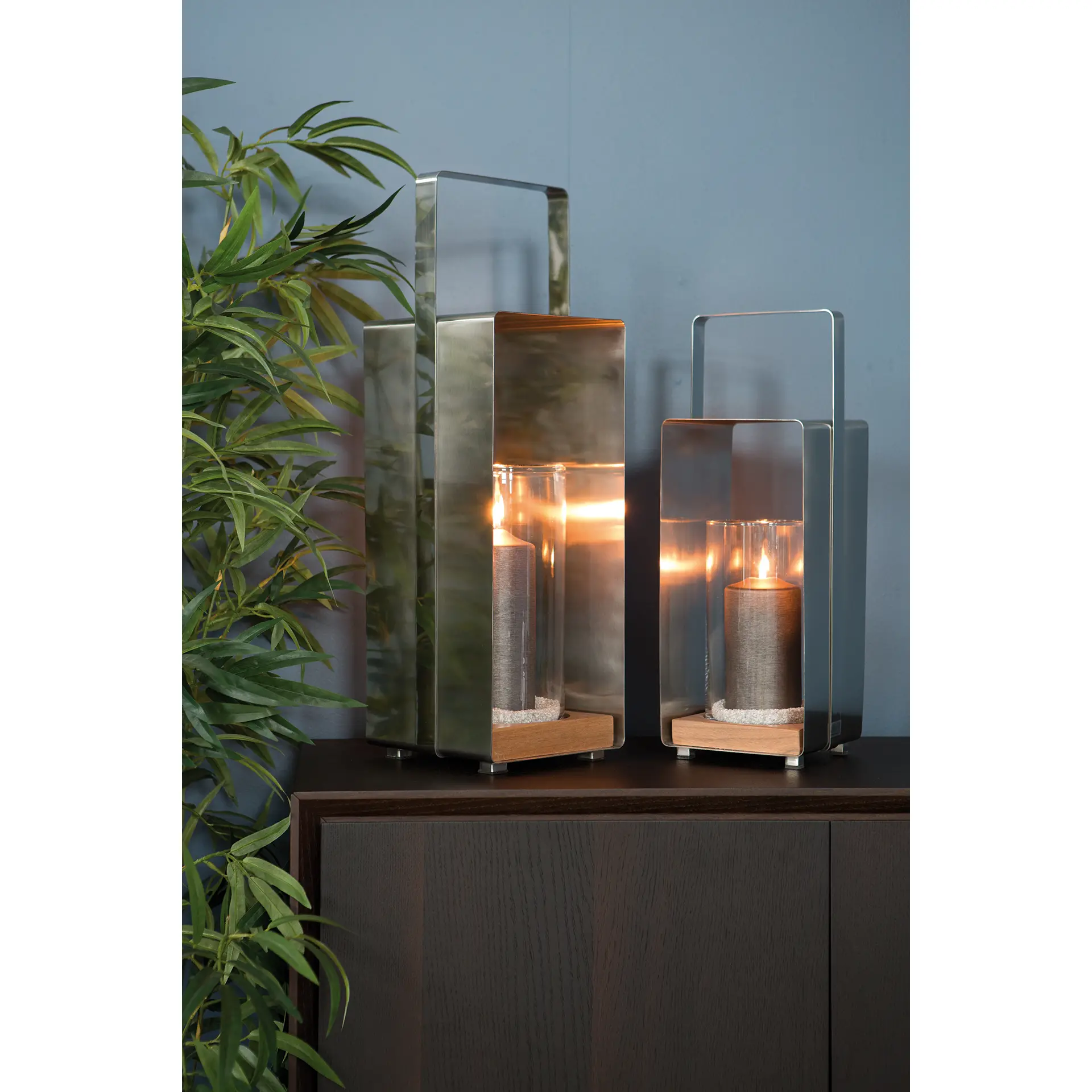 MAGNUS edle Laterne aus Edelstahl und Teak 46 cm Mit LED Zylinder