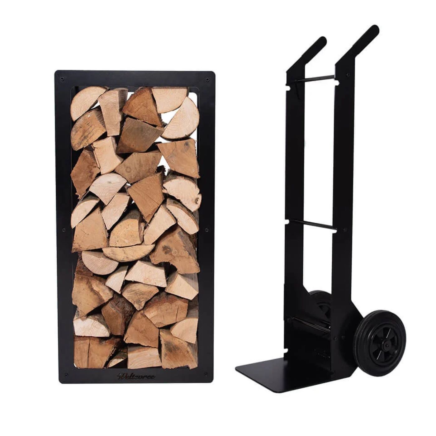 "Woodstock" modernes Holzlagersystem Set aus Holzlagergestell und Wagen "Woodstock" modernes Holzlagersystem Set aus Holzlagergestell und Wagen