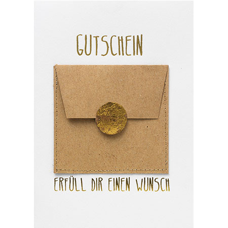 Gutscheinkarte "Erfüll dir einen Wunsch" 12x17 cm - mit Kraftpapier-Umschlag & Goldakzent
