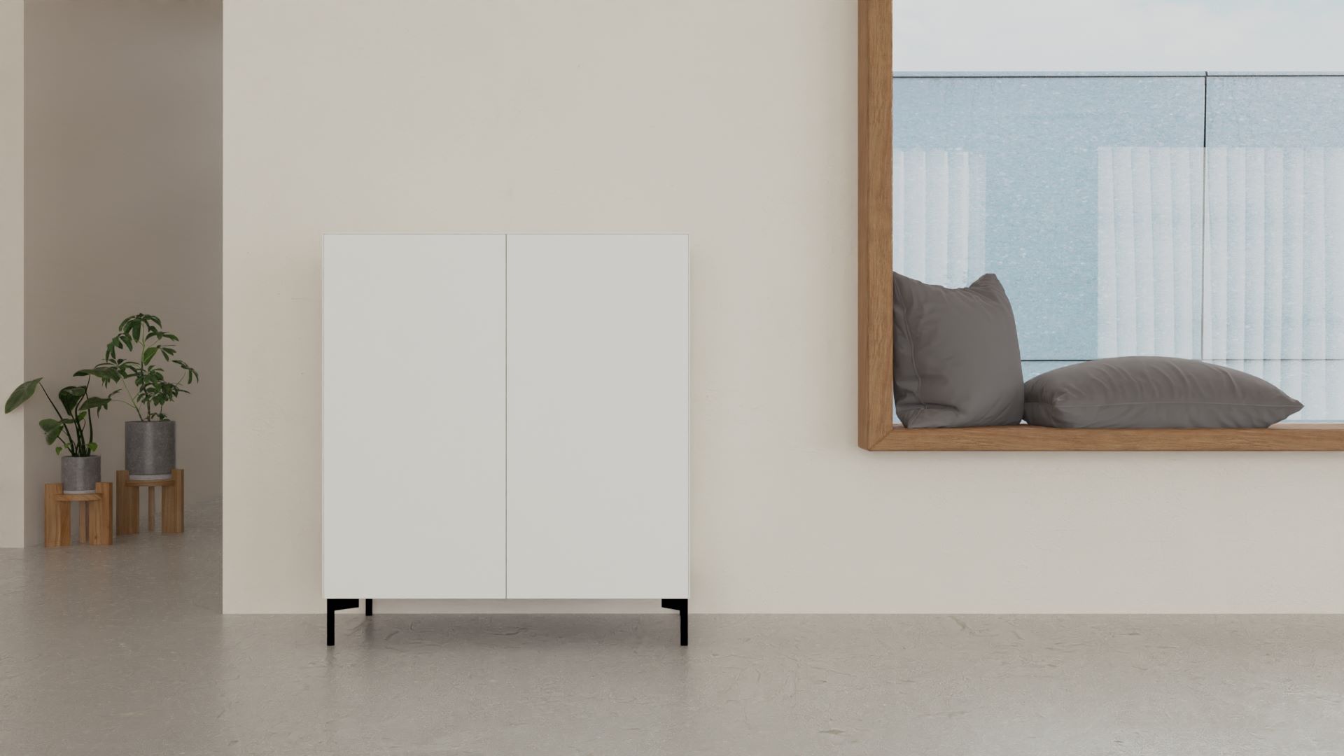 rendering (16) Connect Kommode mit Doppeltür Snow Rundfüße