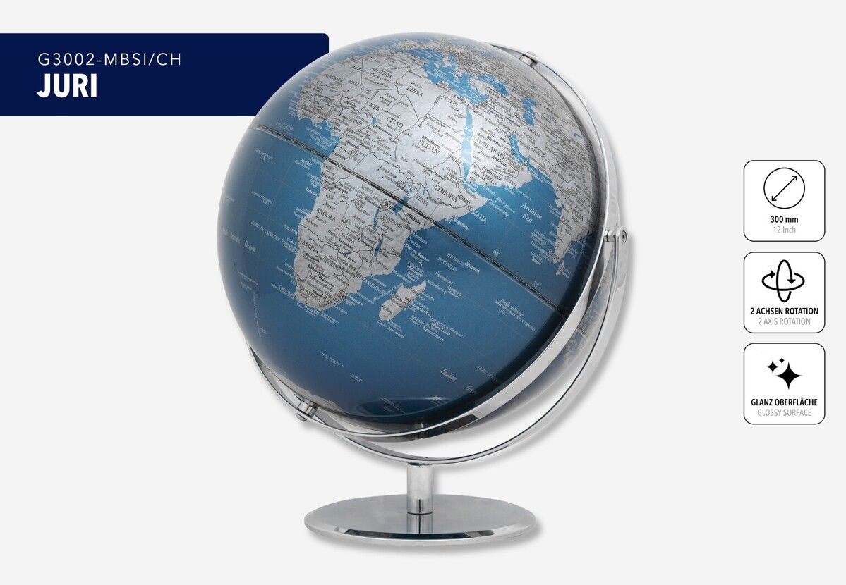 Moderner Tischglobus ‚Juri‘ – 30 cm, drehbar auf zwei Achsen metallic-blau/silber Moderner Tischglobus ‚Juri‘ – 30 cm, drehbar auf zwei Achsen metallic-blau/silber