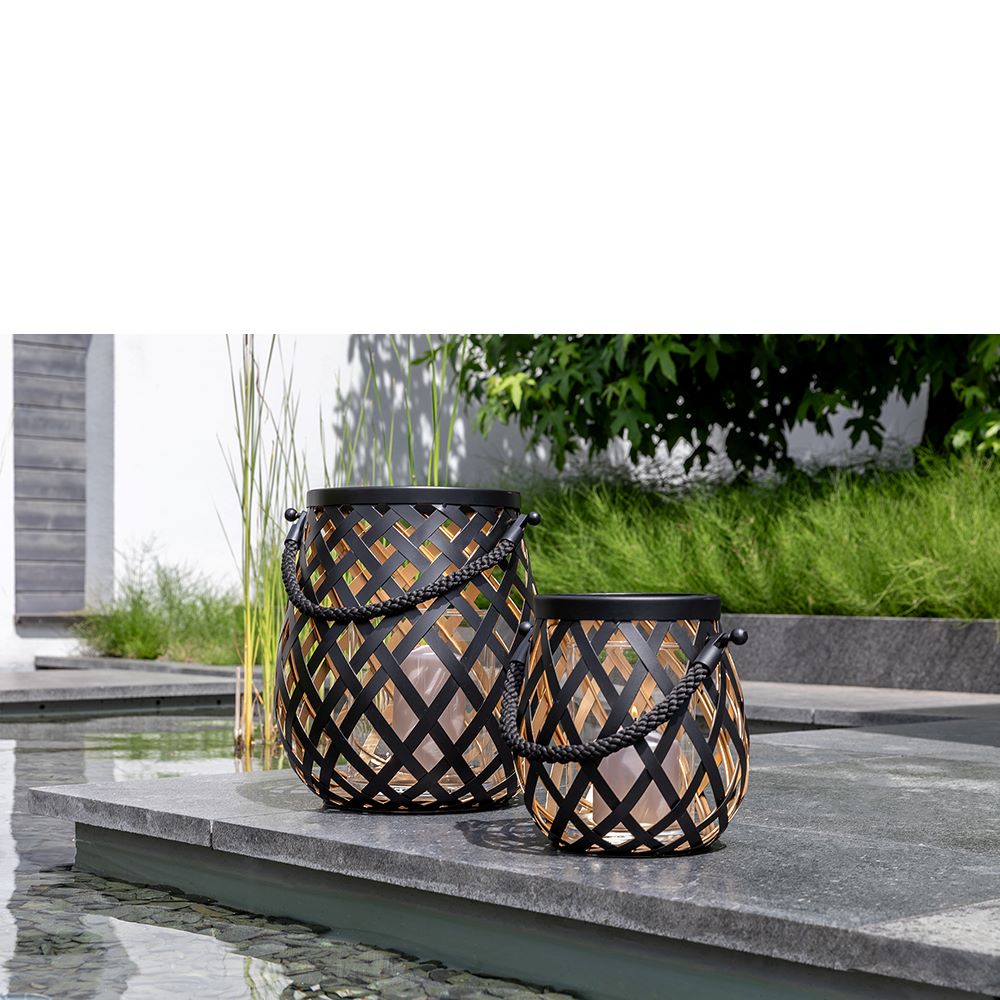 Otis Korbgeflecht Laterne schwarz Ø 33 cm, Höhe 33 cm mit Glaszylinder