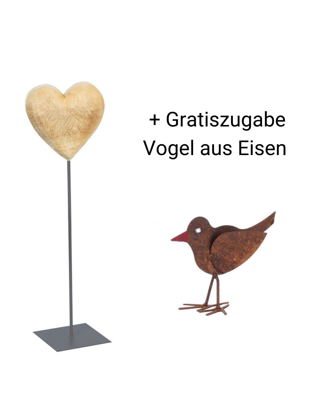Pappelherz natur auf Eisenständer Höhe 130 cm + Gratiszugabe Vogel aus Eisen Pappelherz natur auf Eisenständer Höhe 130 cm + Gratiszugabe Vogel aus Eisen