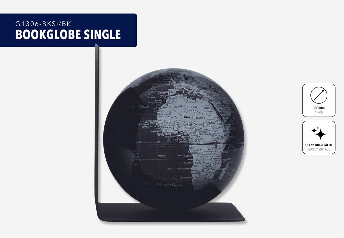Buchstütze mit Globus „BookGlobe Single“ – Magnetisch, 13 cm, edles Design schwarz/silber Buchstütze mit Globus „BookGlobe Single“ – Magnetisch, 13 cm, edles Design schwarz/silber