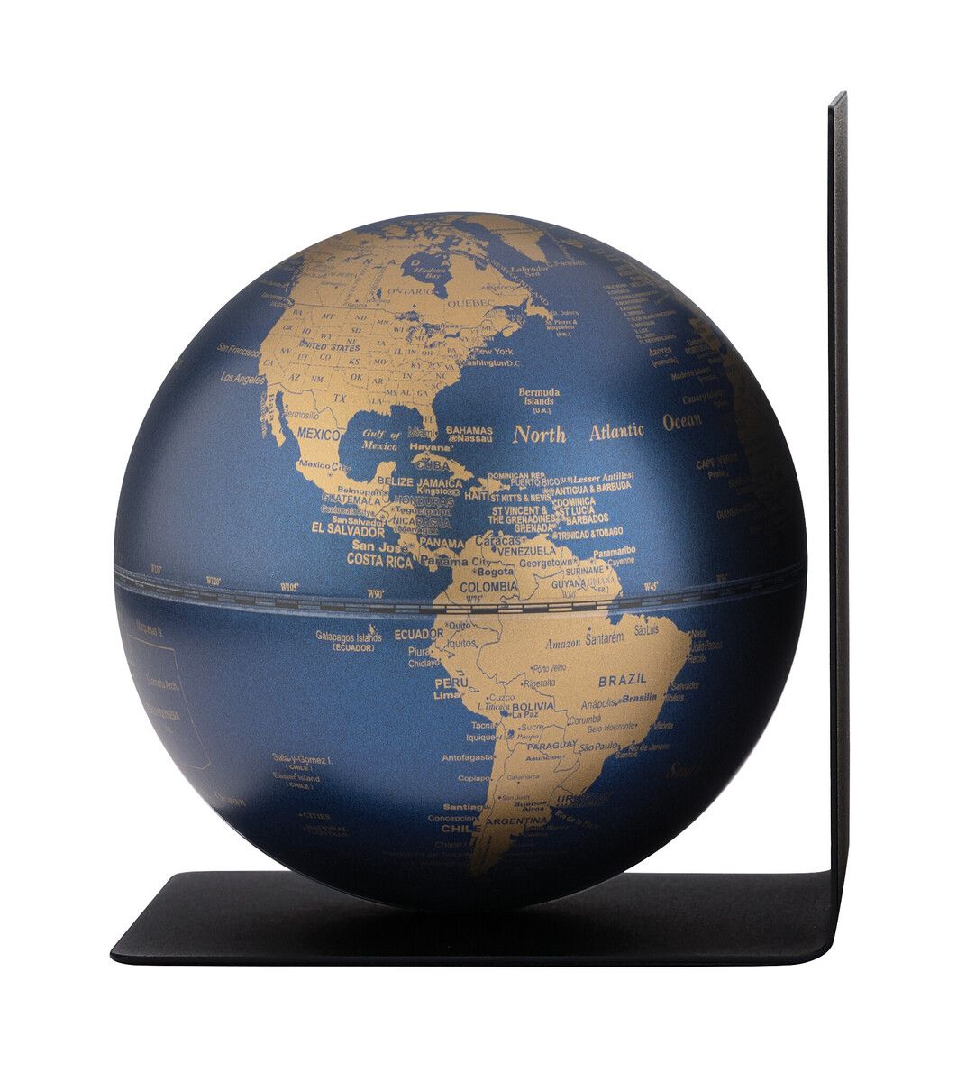 Buchstütze mit Globus „BookGlobe Single“ – Magnetisch, 13 cm, edles Design gold/dunkelblau