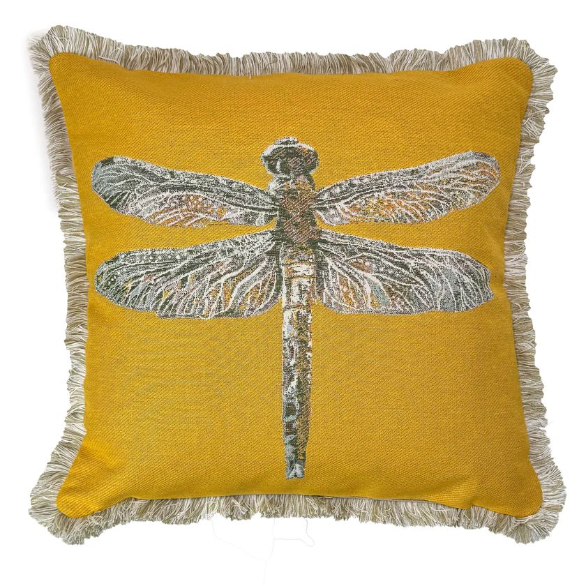 Kissenhülle mit Fransen Yela 45x45 cm in gelb - gewebtes Libellenmotiv Kissenhülle mit Fransen Yela 45x45 cm in gelb - gewebtes Libellenmotiv