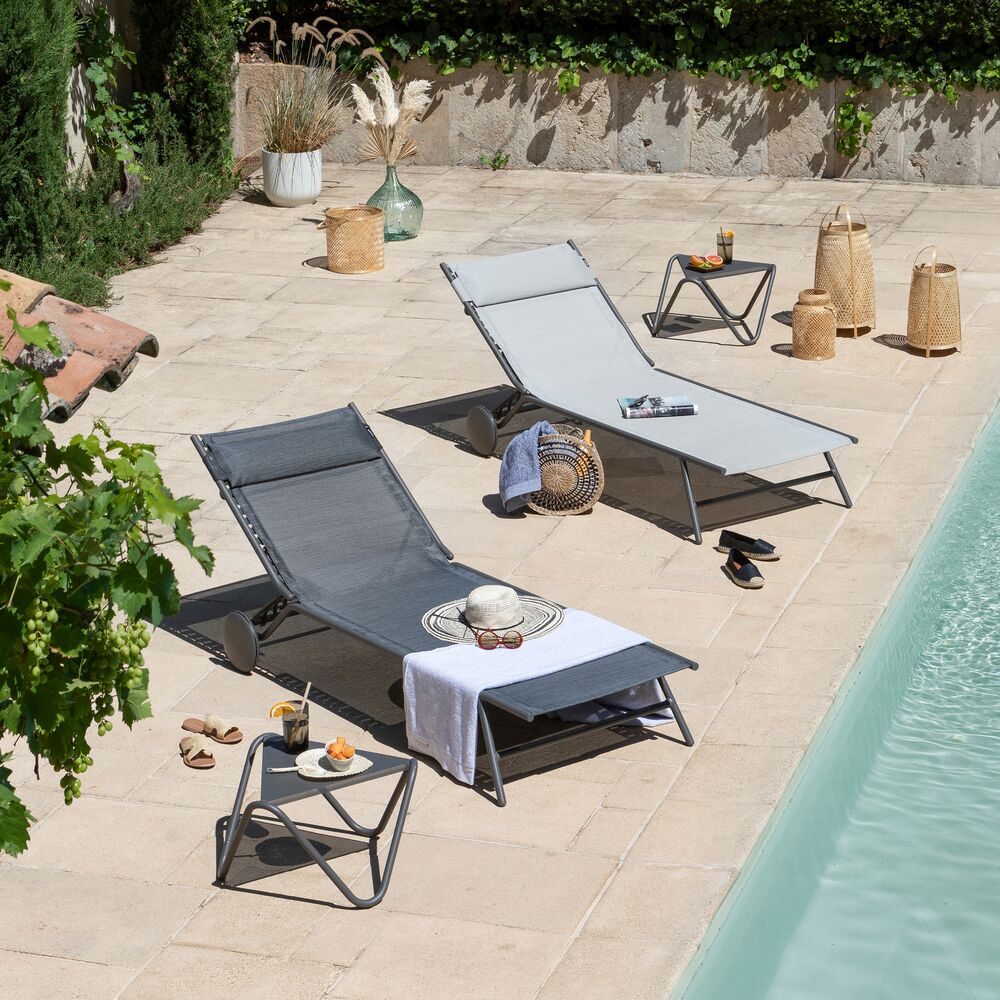 Hohe Sonnenliege Miami HT II Batyline® Duo – klappbar & mit verstellbarer Rückenlehne Grau Galet