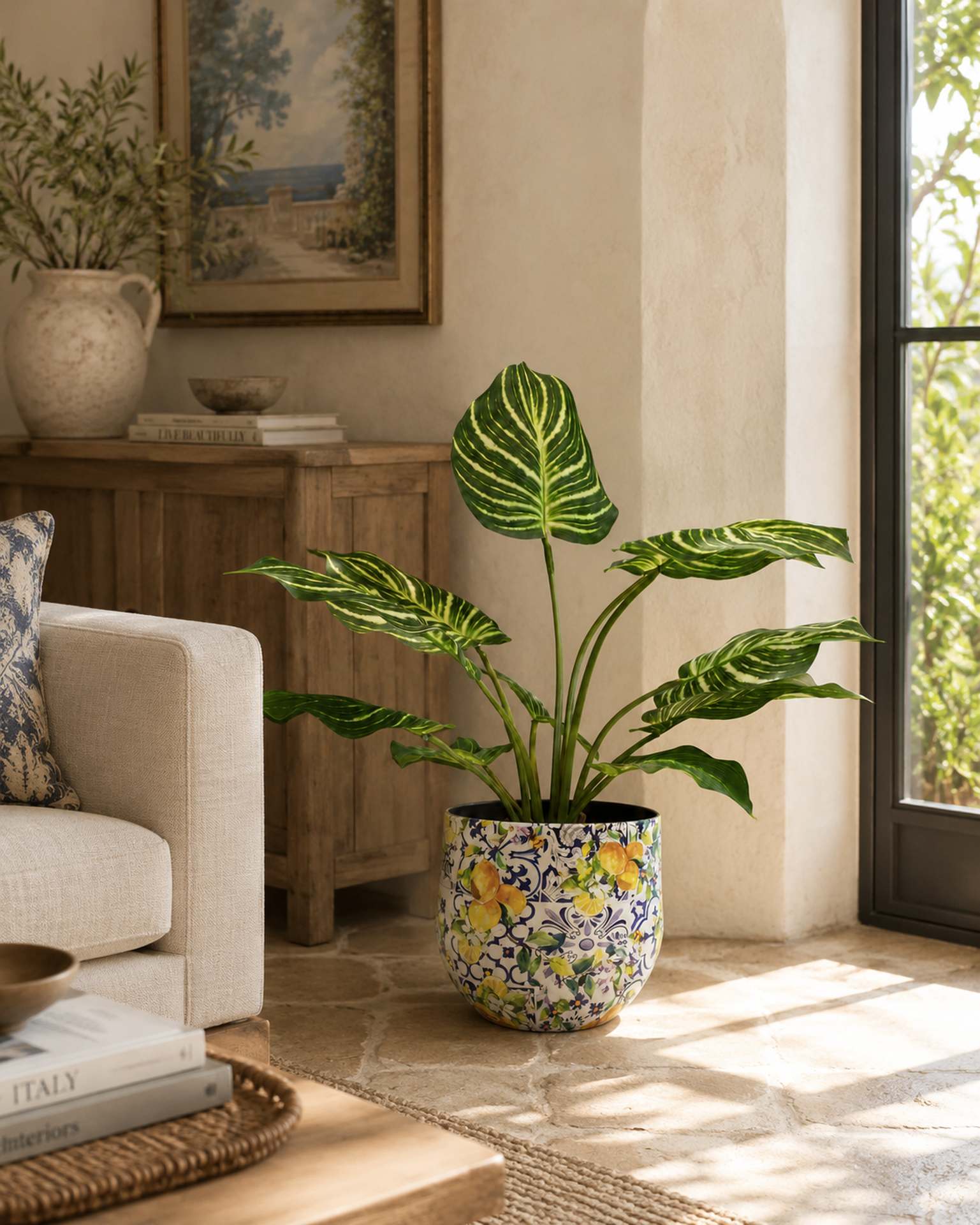 Kunstpflanze mit Topf Calathea 65 cm und Lemon Fusion Gefäß Kunstpflanze mit Topf Calathea 65 cm und Lemon Fusion Gefäß