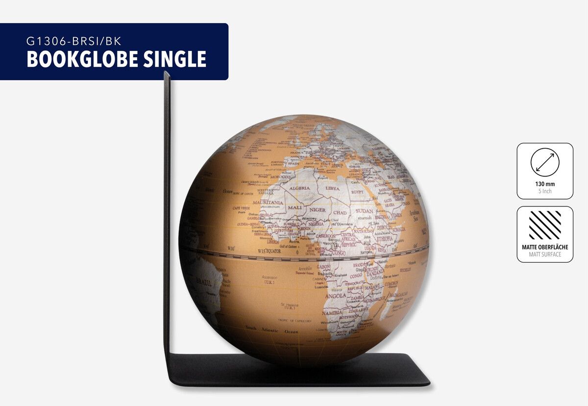 Buchstütze mit Globus „BookGlobe Single“ – Magnetisch, 13 cm, edles Design silber/bronze