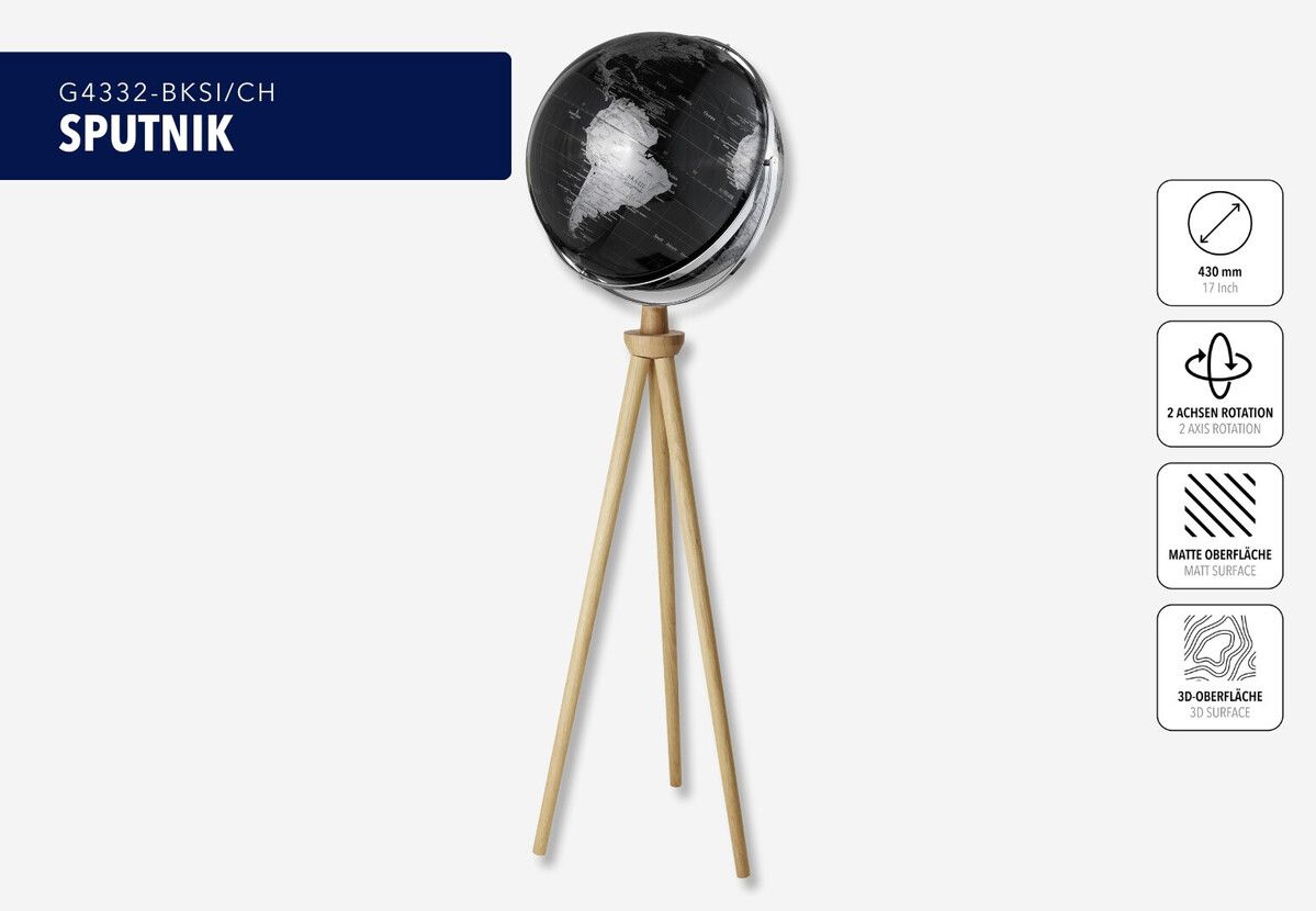 Standglobus „Sputnik“ – Exklusiver 43 cm Globus mit Holzfuß & zwei Achsen schwarz/silber