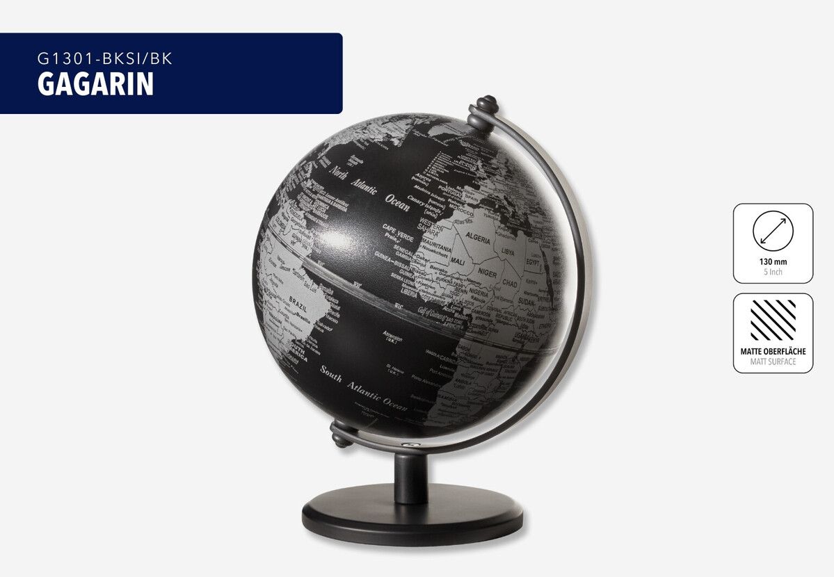 Mini-Globus „Gagarin“ – Design-Tischglobus 13 cm mit Metallfuß schwarz/silber