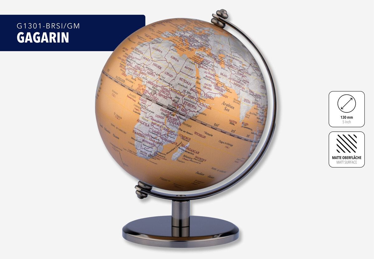 Mini-Globus „Gagarin“ – Design-Tischglobus 13 cm mit Metallfuß silber/Bronze